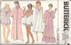 Butterick Classics 6558;  Misses' Gown and Robe. A, B, C, D: very loose-fitting, have gathered neckline. Pullover nightgown is thigh, mid-calf or evening length. View A: short sleeves and shirttail hem. Views B, C: cut-away armholes. Slightly flared robe, evening length, has drawstring neckline. View D and Robe: Below elbow length sleeves. Views A, B, D and Robe: self or purchased ruffles. Views A, D and Robe: elasticized sleeves. Views B, C, D and Robe: purchased trims. Size: 14 - 16 - 18 Bust: 36 - 38 - 40 Waist: 28 - 30 - 32 Hip: 38 - 40 - 42 This pattern is uncut and factory folded.  The envelope has tattering and no flap.  OR Size :8 - 10 - 12 Bust:       31 1/2 - 32 1/2 - 34 Waist:24 - 25 - 26 1/2 Hips:33 1/2 - 34 1/2 - 36 This pattern uncut factory folded.  The marked envelope has t Baby Doll Pajamas, Nightgown Pattern, Women's Sewing Pattern, Pajama Pattern, Butterick Sewing Pattern, Embroidery On Clothes, Women's Nightgowns, Nightgowns For Women, Sewing Pattern Sizes