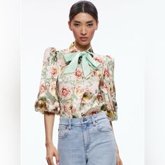 New With Tags. Alice + Olivia's Brentley Tieneck Blouse Is Crafted Of Floral Satin. Long Blouson Sleeves With Smocked Cuffs Complete The Look.Tieneck Long Sleeves, Smocked Cuffs Concealed Button-Front Closure 69% Viscose/31% Silk Combo: 100% Polyester Spring Designer Office Tops, Designer Spring Blouse With Floral Print, Elegant Green Floral Print Blouse, Designer Floral Print Blouse For Work, Designer Floral Print Workwear Blouse, Designer Spring Party Blouse, Designer Spring Blouse For Office, Green Silk Blouse With Floral Print, Green Floral Silk Blouse