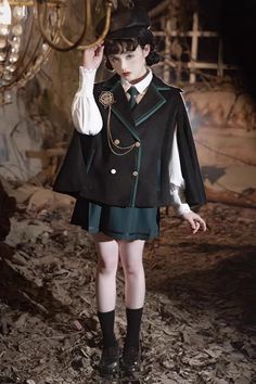 Fabric: Polyester Color: Black/Green Collar: Lapel Collar Style: Gothic, Vintage, College Style Include: Skirt*1+ Blouse*1 + Cloak*1 Size (IN) Bust Waist Sleev Box Pleated Skirt, Magic Academy, Tie Box, Green Magic, Box Pleat Skirt, Style Gothic, Vintage College, Gothic Vintage, Cape Jacket