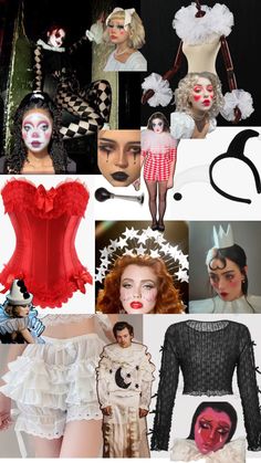 the collage has many different images of women in costumes and makeup on it's sides