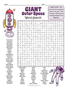 the giant outer space word search is shown with an astronaut and rocket on it's side