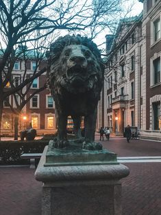 a statue of a lion is in the middle of a courtyard with people walking around