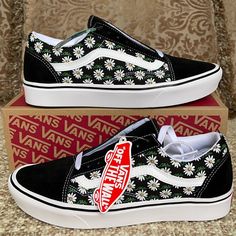 Brand New In A Box Authentic Men’s Vans Sneakers Vans All Black Custom, Black Bandana Vans, Vans Low-top Floral Print Sneakers, Black Vans Sneakers For Summer, Casual Vans Sneakers With Floral Print, Black Floral Print Sneakers For Spring, Girly Goth Outfits, Vans Floral Shoes, Vans Art