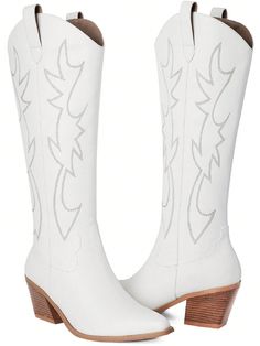 White  Collar     Embellished   Women Shoes Western Boots With Zipper Closure For Spring, White Embroidered Boots For Winter, Western Boots With Zipper Closure, Fitted Western Boots With Zipper Closure, Western Fitted Boots With Zipper Closure, White Fitted Mid-calf Boots With Snip Toe, Knee High Cowgirl Boots White, Western White Boots Medium Width, Whitle Long Cowgirl Boots