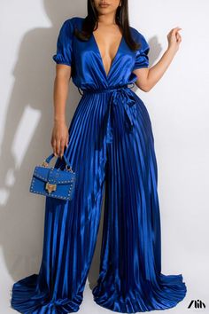 Olivia Mark - Refined Patchwork Jumpsuit with Sophisticated Solid Black V-Neck Design Jumpsuits Womens Fashion, Pleated Jumpsuit, Satin Jumpsuit, Jumpsuit Elegant, Blue Jumpsuits, Jumpsuits And Romper, Jumpsuit Fashion, Sleeveless Jumpsuits, Wide Leg Jumpsuit