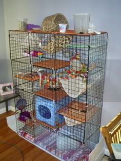 there is a cage with many items in it