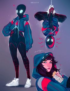 the spider - man costume is shown in three different poses, including one woman's head