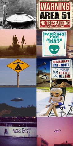 many different signs are shown in this collage with the same colors and font as well