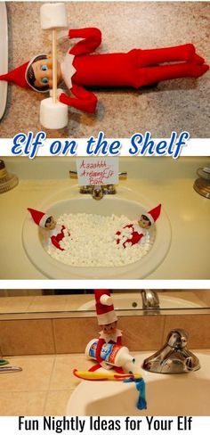 elf on the shelf in bathroom with toothbrushes and marshmallows inside