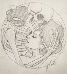 a pencil drawing of two skeletons hugging each other