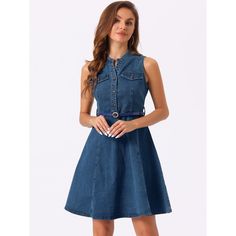 Elevate your style with the Allegra K Women's Denim Sleeveless V Neck Belted Fit and Flare Shirt Dress in a charming denim blue. This piece combines timeless elegance with a modern twist, perfect for various occasions.

- **Color:** Denim Blue
- **Size:** X-Large
- **Material:** Denim
- **Gender:** Female
- **Age Group:** Adult

Crafted to flatter, this dress features a sleek V-neck and a belted waist that accentuates your silhouette, while the fit and flare design adds a playful touch. Whether Knee-length Denim Blue Chambray Dress, Casual Sleeveless Medium Wash Denim Dress, Denim Blue Chambray Knee-length Dress, Casual Sleeveless Denim Blue Dress, Casual Blue Denim Sleeveless Dress, Sleeveless Washed Blue Denim Dress With Pockets, Sleeveless Light Wash Denim Dress With Button Closure, Sleeveless Denim Top With Button Closure For Summer, Blue Sleeveless Denim Dress With Button Closure