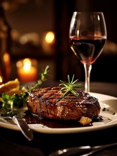 a steak on a plate next to a glass of red wine and some candles in the background