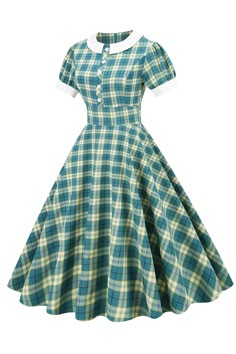 Zapaka Women Green Grid 1950s Dress Jewel Neck Vintage Dress with Short Sleeves – ZAPAKA 1960 Womens Fashion, Retro Catalogue, Penny Hairspray, Retro Plaid Dress, 1930s Outfits, 1950's Dresses, Vintage Outfits Retro, Vintage Plaid Dress, 50s Christmas