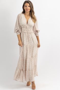 FOREVERMORE FLORAL MAXI DRESS – L'ABEYE Beige V-neck Maxi Dress For Garden Party, Floral Maxi Dress With Smocked Bodice For Brunch, Flowy Ditsy Floral Maxi Dress, Elegant Beach Maxi Dress With Ditsy Floral Print, Flowy Ditsy Floral Print Maxi Dress, Ditsy Floral Print Maxi Dress For Garden Party, Elegant Ditsy Floral Print Maxi Dress For Vacation, Beige Floral Print V-neck Maxi Dress, Beige V-neck Floral Maxi Dress