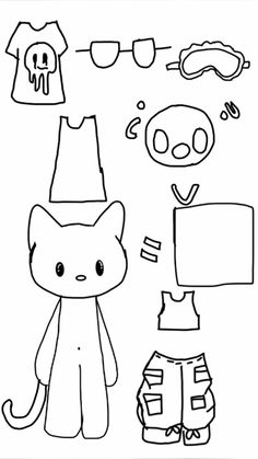 a black and white drawing of a cat next to some items that are on display