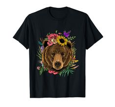 a black t - shirt with a brown bear and sunflowers on the front