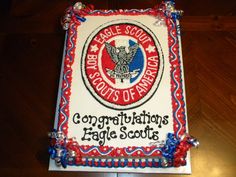 an eagle scout cake with red, white and blue icing on it's side