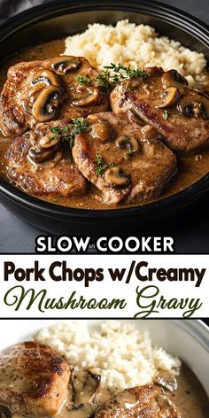 slow cooker pork chops with creamy mushroom gravy is an easy dinner recipe