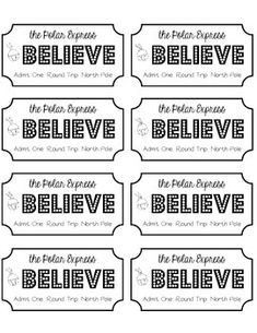 six black and white labels with the words believe