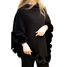 Plush Poncho With Fur Trim - Black - One Size (38 X 28 Inches) - Viscose/Fox Fur Black Capelet For Evening Wear, Luxury Winter Poncho, Elegant Black Poncho Cape, Elegant Black Cape Poncho, Elegant Black Winter Cape, Black Winter Evening Shawl, Black Evening Shawl For Winter, Fox Colors, Black Poncho