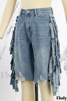 Fisdy - Pantalón corto vaquero infantil Periwinkle Casual Solid Tassel Patchwork High Waist Regular Denim Shorts Casual Denim Shorts, Denim Patchwork, High Waisted Shorts Denim, Casual Denim, Olivia Mark, Baby Blue, Denim Jeans, Casual Shorts, Casual Wear