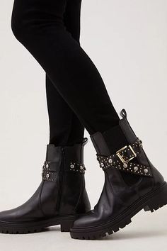 Women's Shoes | Karen Millen US Leather Embellished Boots With Round Toe, Fall Leather Platform Boots With Grommets, Leather Embellished Round Toe Boots, Embellished Round Toe Leather Boots, Trendy Leather Boots With Studded Rubber Outsoles, Trendy Embellished Leather Boots, Fall Leather Boots With Rhinestone Rivets, Leather Boots With Rhinestone Rivets And Round Toe, Pierced Jewelry