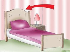 a bed room with a pink bedspread and a red arrow pointing to the right