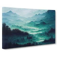 an abstract painting of mountains and trees with blue hues on the sky in this landscape