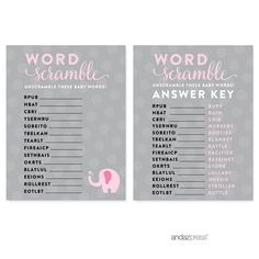 two gray and pink baby shower games with an elephant on the front, word scramble