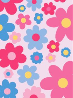 colorful flowers on a white background with pink, blue, and yellow dots in the center