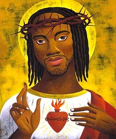 a painting of jesus holding a heart with his hands and wearing a crown of thorns