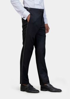 Jacket & pants included. Vest optional. Delivered in just 3 weeks. Free shipping. Covered by our Free Remake Guarantee. Complete the look with Shirts, Ties & Squares. Timeless Tailored Black Tuxedo, Custom Fit Black Suit For Black Tie Events, Black Custom Fit Suit For Black Tie Events, Black Fitted Tuxedo For Formal Occasions, Black Custom Fit Suit For Semi-formal Occasions, Timeless Black Tuxedo For Evening, Black Tuxedo With Pressed Crease For Evening, Black Fitted Tuxedo, Elegant Tailored Black Tuxedo