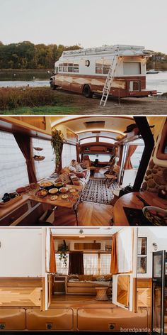 the inside and outside of a house boat