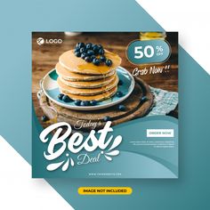 a flyer for a restaurant with pancakes and blueberries on the plate, which reads best deal