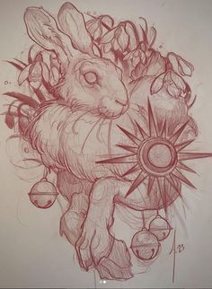 a drawing of a rabbit with flowers in it's head and the sun on its back