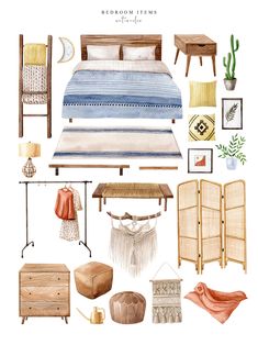 watercolor illustration of bedroom items including bed, dresser and table with plants on it