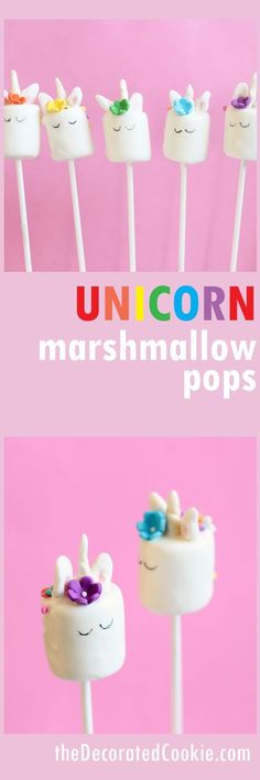 unicorn marshmallow pops on a pink background