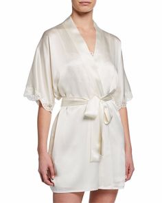 Christine Lingerie Bijoux Short Silk Robe | Neiman Marcus Silk Robe Long, Classic Pajamas, Camisole Set, Silk Lingerie, Silk Cami, Silk Lace, Short Kimono, Silk Robe, Glam Looks