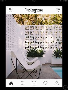 an instagram page with a chair and potted plants on the side of it