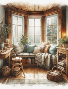 a living room filled with lots of furniture next to a window covered in blankets and pillows