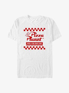 the pizza planet t - shirt in white with red checkered pattern on the front