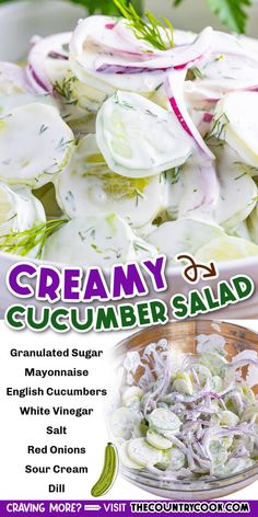 an advertisement for creamy cucumber salad with onions and other vegetables in the background