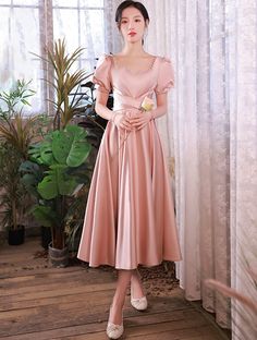 Size: XL, Style: Style C Pink Knee-length Puff Sleeve Evening Dress, Pink Feminine Midi-length Vintage Dress, Formal Pink Midi-length Pleated Dress, Pink V-neck Puff Sleeve Evening Dress, Elegant Pink Midi-length Puff Sleeve Dress, Midi Bridesmaid Dress, Princess Sleeves, Big Collar, Pink Sequin