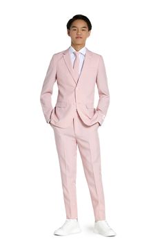 Crisp and smart, this pastel two-piece suit includes flat-front pants, a clip-on tie and traditional detailing to keep your child dapper at any occasion. All three pieces are machine-washable and look ready to wear right out of the dryer. Jacket has notched lapels; three-button cuffs; chest pocket; flap pockets; interior pocket; side vents Trousers have zip fly with hook-and-bar closure; slant pockets; back pockets Jacket is lined Unhemmed 100% polyester Machine wash, tumble dry Imported Spring Slim Fit Business Sets, Spring Business Set With Slim Fit, Spring Business Sets In Slim Fit, Pink Slim Fit Suit For Semi-formal Occasions, Slim Fit Spring Suit With Flat Front, Spring Slim Fit Suits With Flat Front, Spring Slim Fit Flat Front Suits, Fitted Pink Suit And Tie Accessories For Formal Occasions, Classic Single Button Spring Sets