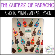 a bulletin board with guitars on it and the words, the guitars of paracho