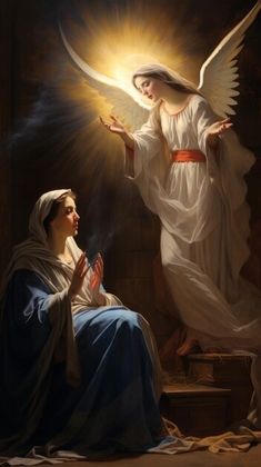 an angel kneeling next to a woman with her arms outstretched in prayer, while the light shines from above