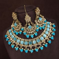 Sky Blue Firozi Monalisa Stone And CZ Work Antique Gold Plated Necklace Jewelry Set With Maangtika. Blue Jewelry For Festival Celebrations, Blue Jewelry For Festivals And Celebrations, Blue Beaded Jewelry For Festive Occasions, Blue Indian Jewelry, Blue Chandbali Bridal Necklace For Wedding, Blue Jewelry For Party Festivals, Traditional Blue Jewelry For Wedding, Light Blue Jewelry For Wedding, Traditional Blue Bridal Necklace For Party