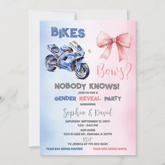 a pink and blue motorcycle birthday party card with the words, bikes? boys? gender reveal party