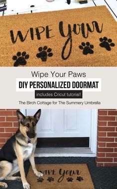 a dog sitting in front of a door with the words wipe your paws on it