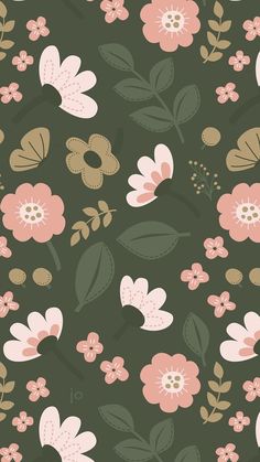 a green background with pink flowers and leaves